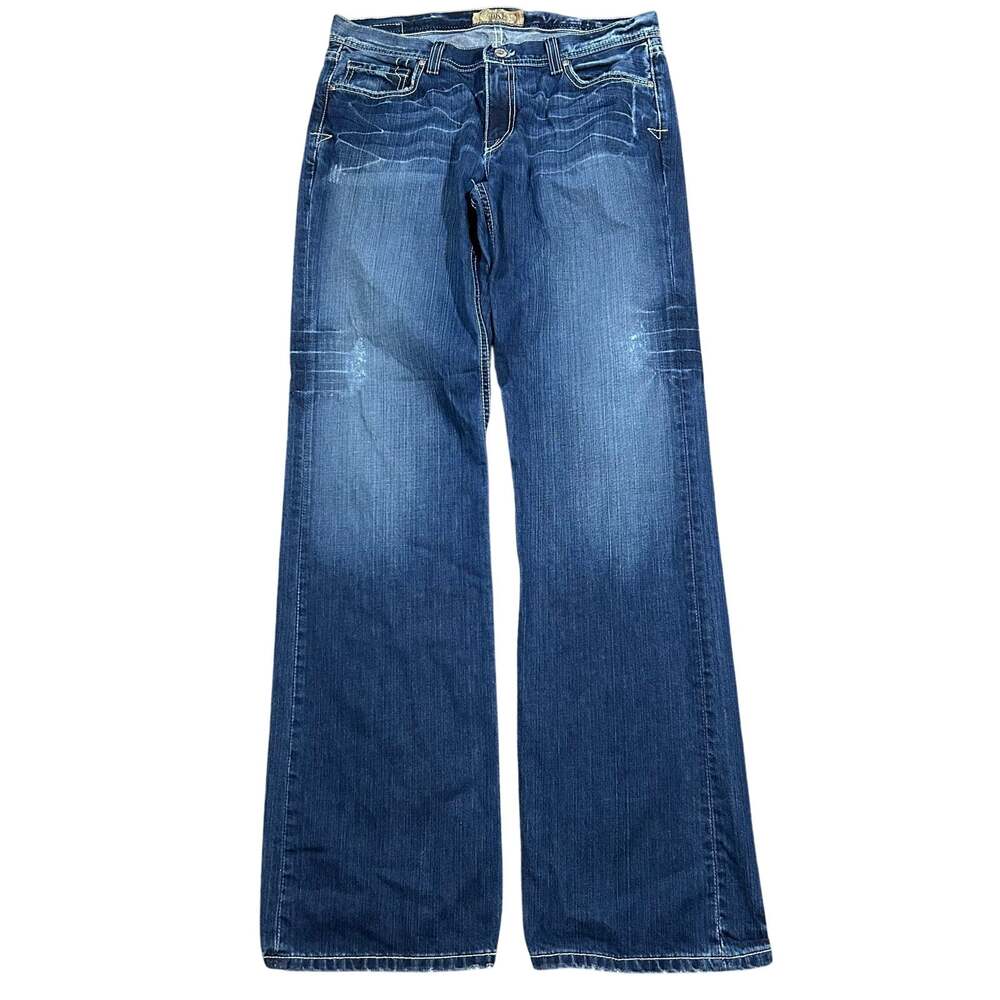 BKE Buckle Cole Relaxed Bootcut Jeans 34x35 Dark Wash Embroidered Whisker Denim